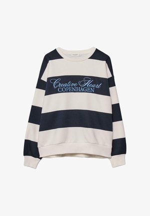 Felpa a righe con colori navy e crema, scollo rotondo e scritta "Creative Heart COPENHAGEN" ricamata in azzurro chiaro. Texture morbida.