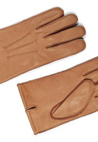 Brune lærhansker med tre sømmer på baksiden, med en tettsittende passform og et indre fleecefôr. Inkluderer en åpning ved håndleddet.