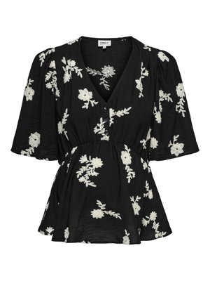 Black short-sleeve blouse with white floral embroidery, V-neck, three buttons, puffed sleeves, and a gathered waist.