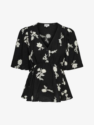 Black short-sleeve blouse with white floral embroidery, V-neck, three buttons, puffed sleeves, and a gathered waist.