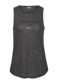 Dark gray sleeveless shirt with a round neckline, featuring bold black text "LOS ANGELES EST. 1988" and "VENICE BEACH" in metallic gold.