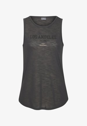 Dunkelgraues ärmelloses Shirt mit rundem Halsausschnitt, das in fettem Schwarz den Text "LOS ANGELES EST. 1988" und "VENICE BEACH" in metallischem Gold zeigt.
