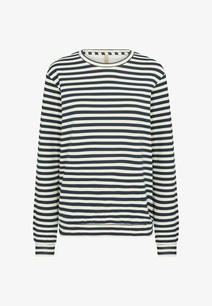 Pikkade varrukatega särk, mis on valmistatud pehmest kangast, horisontaalsete tumesiniste ja valgete triipudega, ümar kaelus ja lõdvestatud istuvus koos mansettidega varrukates.