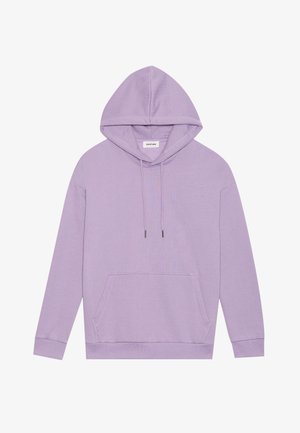 Sudadera morada hecha de tela suave, con un bolsillo tipo canguro en la parte frontal, cordones con puntas metálicas y puños y dobladillo acanalados.