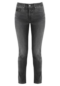 Svarta högmidjade skinny jeans i denimmaterial med lätt blekning, med framfickor, dragkedja och metallknappslås.