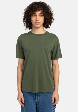 Olive green cotton t-shirt with short sleeves, round neck, and a chest pocket. The fabric has a smooth texture with a relaxed fit.