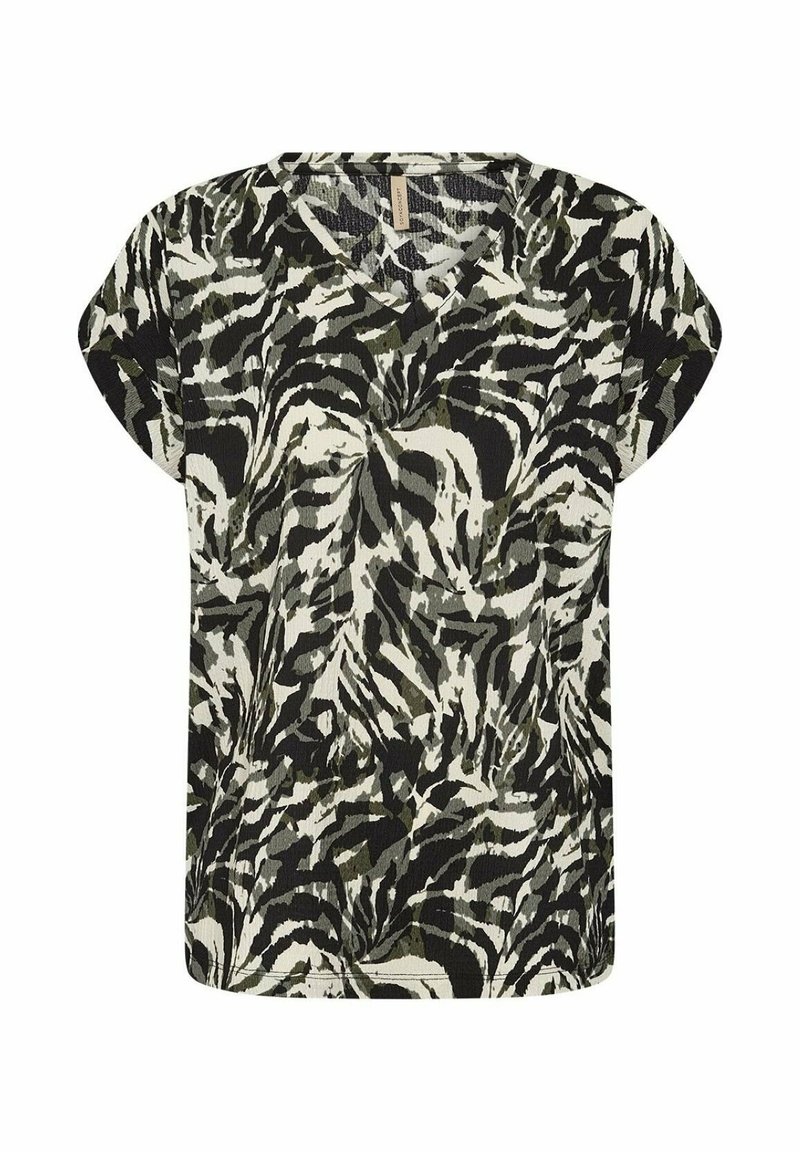 Top à manches courtes avec un imprimé zèbre noir, blanc et vert olive. Présente un col en V et une coupe décontractée. Tissu texturé.