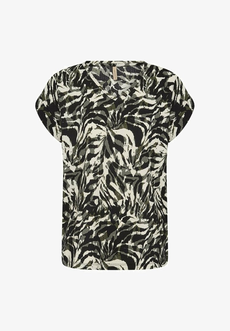 Short-sleeve top in a black, white, and olive green zebra print. Features a v-neckline and a relaxed fit. Textured fabric.