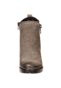 Bottine en cuir gris avec un bout arrondi, fermeture éclair latérale et dessus texturé. Semelle en caoutchouc pour une meilleure adhérence.