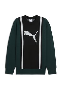 Schwarzer, grüner und grauer Rundhalsausschnitt-Pullover mit einem großen weißen Puma-Logo in der Mitte und kontrastierenden vertikalen Streifen an den Seiten.