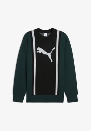 Zwarte, groene en grijze crewneck trui met een groot wit Puma-logo in het midden en contrasterende verticale strepen langs de zijkanten.