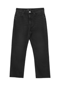 Jeans in denim nero con una vestibilità dritta, dotati di tasche anteriori e chiusura con bottone. Texture liscia con minimo sbiadimento e senza modelli visibili.