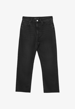 Jeans in denim nero con una vestibilità dritta, dotati di tasche anteriori e chiusura con bottone. Texture liscia con minimo sbiadimento e senza modelli visibili.