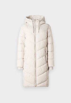 Casaco de inverno longo, acolchoado, de cor off-white, com capuz, fecho de correr frontal, bolsos laterais e punhos canelados interiores.