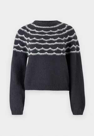 Mørkegrå strikkegenser med rund hals, med hvite bølgende linjer over brystet. Lange ermer og ribbestrikket kant fullfører designet.