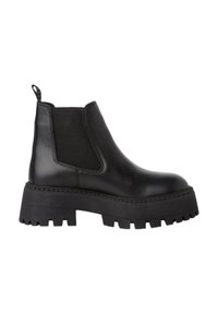 Botte Chelsea en cuir noir avec empiècement latéral élastique, semelle plateforme épaisse et languette à l'arrière.