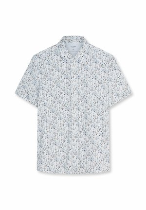 Camicia bianca a maniche corte con bottoni, motivo floreale azzurro chiaro e marrone, colletto classico ed etichetta della taglia visibile all'interno.