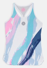 Kvinnors ärmlös racerback-tröja med abstrakt penselmålningsmönster i rosa, blått, vitt och marinblått, med en liten centrerad logotyp.