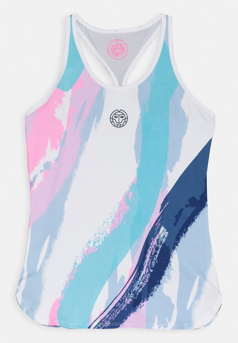 Kvinnors ärmlös racerback-tröja med abstrakt penselmålningsmönster i rosa, blått, vitt och marinblått, med en liten centrerad logotyp.