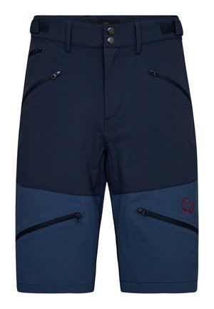 Marineblå shorts lavet af syntetisk materiale. Funktioner inkluderer lynlås-lommer, en kontrasterende blå panel og et broderet logo.