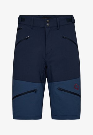 Marineblå shorts lavet af syntetisk materiale. Funktioner inkluderer lynlås-lommer, en kontrasterende blå panel og et broderet logo.