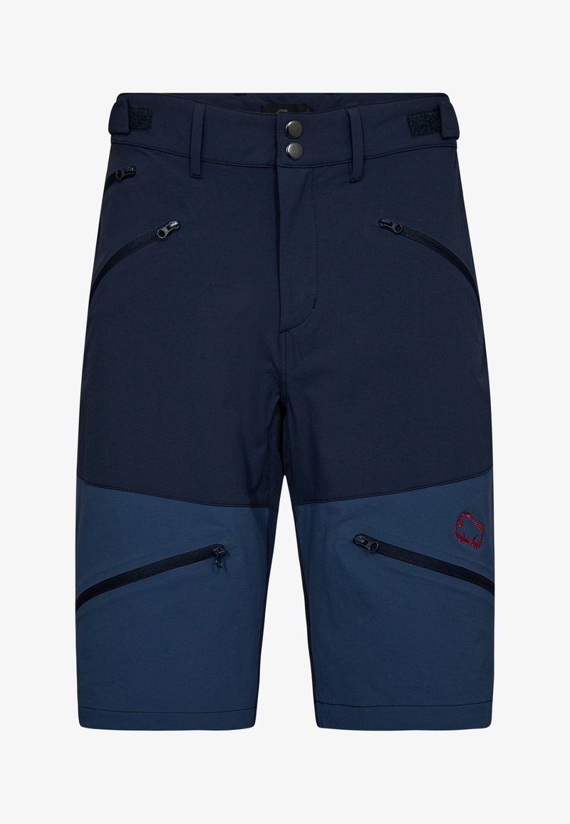 Marineblå shorts lavet af syntetisk materiale. Funktioner inkluderer lynlås-lommer, en kontrasterende blå panel og et broderet logo.