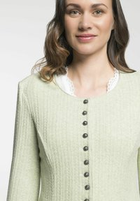 Hellgrüner Cardigan aus strukturiertem Strickmaterial mit einem subtilen Rautenmuster, runden schwarzen Knöpfen und einem mit Spitze verzierten Halsausschnitt.