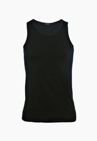 Top nero senza maniche in cotone, caratterizzato da una scollatura rotonda e ampie aperture per le braccia, con un design elegante e aderente e senza ulteriori decorazioni.