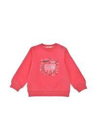 Coral sweatshirt with long sleeves, featuring a cat graphic surrounded by flowers. Includes snap buttons on the shoulder for easy wear.