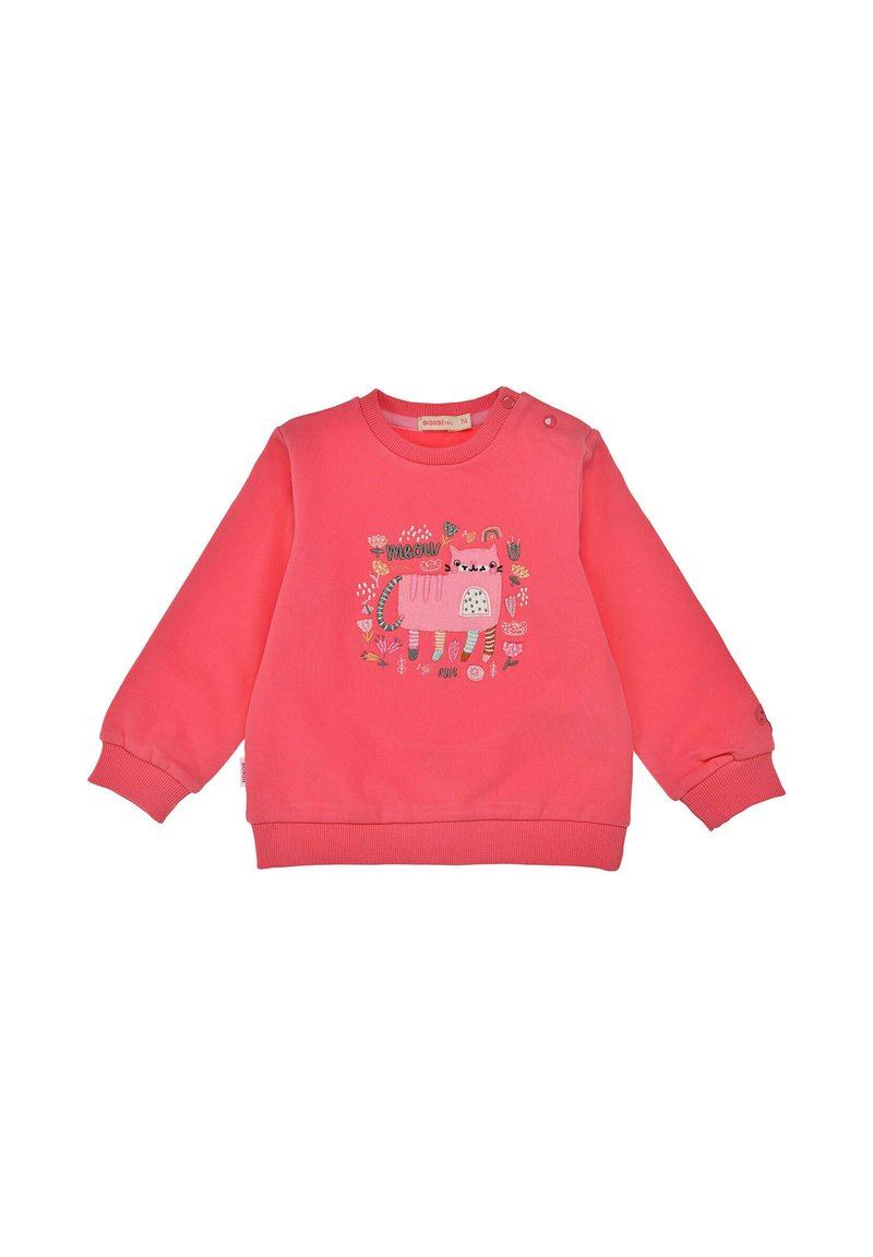 Coral sweatshirt with long sleeves, featuring a cat graphic surrounded by flowers. Includes snap buttons on the shoulder for easy wear.