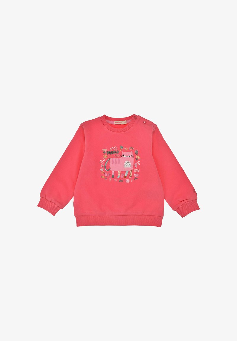 Coral sweatshirt with long sleeves, featuring a cat graphic surrounded by flowers. Includes snap buttons on the shoulder for easy wear.