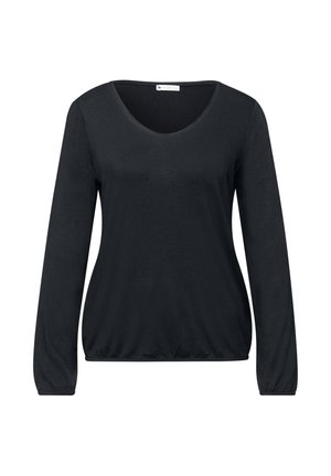 Zwart damesshirt met lange mouwen, ronde halslijn en elastische zoom en manchetten, effen ontwerp, getoond op witte achtergrond.