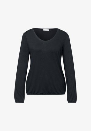 Haut noir à manches longues pour femme avec encolure dégagée et ourlet et poignets élastiqués, design uni, présenté sur fond blanc.