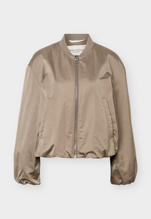 Veste bomber légère beige avec fermeture éclair frontale, col côtelé, poches latérales et poignets et ourlet élastiques.