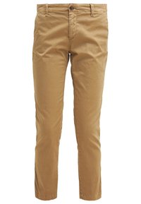 Pantalons chinos couleur beige en coton, avec une coupe droite, fermeture à boutons, poches avant, et une texture lisse. Aucune motif ou accent visible.