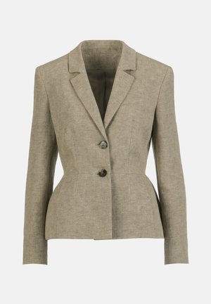 Prispôsobené béžové ľanové sako s výrezovými klopami, dvoma prednými gombíkmi, dlhými rukávmi a mierne zúženým pásom pre priliehavú siluetu.