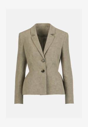 Blazer beige de lino a medida con solapas con muesca, dos botones delanteros, mangas largas y una cintura ligeramente entallada para una silueta ajustada.
