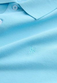 Polo bleu clair avec col côtelé, deux boutons et petit logo brodé sur la poitrine.