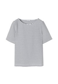 Witte t-shirt met korte mouwen, zwarte horizontale strepen, ronde hals en een ontspannen pasvorm. Gemaakt van lichte, zachte stof.