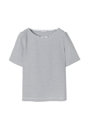 Camiseta blanca de manga corta con rayas horizontales negras, cuello redondo y corte relajado. Fabricada con un tejido ligero y suave.