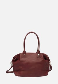 Bordeaux leren handtas met dubbele handvatten en een afneembare schouderband. Gladde textuur, ronde vorm en metalen hardware accenten.