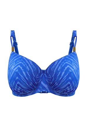 Soutien-gorge bleu à motif avec armatures, bonnets moulés et bretelles réglables. Présente des détails en métal doré et des fronces sur le tissu.