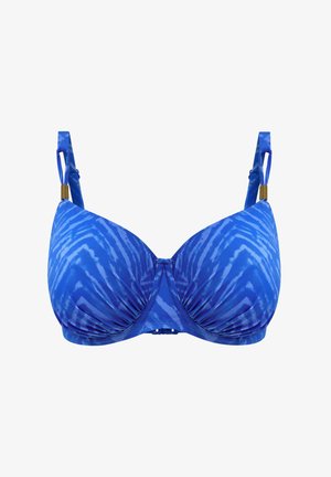 Blauw gestreepte beha met beugel, gevormde cups en verstelbare bandjes. Voorzien van goudenkleurige hardware-accenten en geplooide stofdetails.