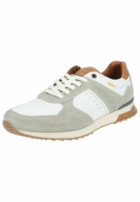 Grau-weißer Sportschuh aus Wildleder und Leder, mit Schnürdesign, durchbrochene Details und einem Akzent aus braunem Leder.