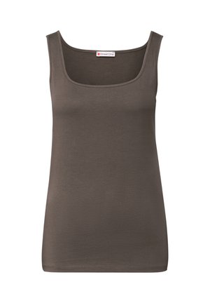 Bruine tanktop met een brede, ronde halslijn en dunne schouderbandjes. Gemaakt van soepel, rekbaar stof met een aansluitende pasvorm.