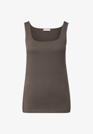 Brown tank top with a wide, round neckline and thin shoulder straps. Made from smooth, stretchy fabric with a fitted silhouette.