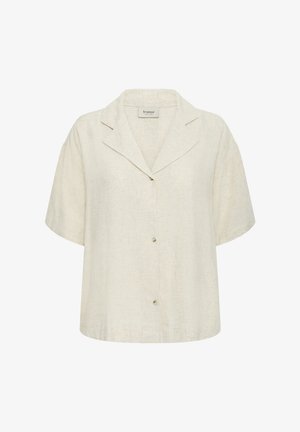 Bež kratka košulja s kratkim rukavima na kopčanje s ovratnikom, teksturiranim tkanjem i tri vidljiva gumba sprijeda.
