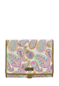 Multicolored paisley-patterned wallet with white background, gold-tone hardware, and a magnetic snap closure. Smooth synthetic texture.