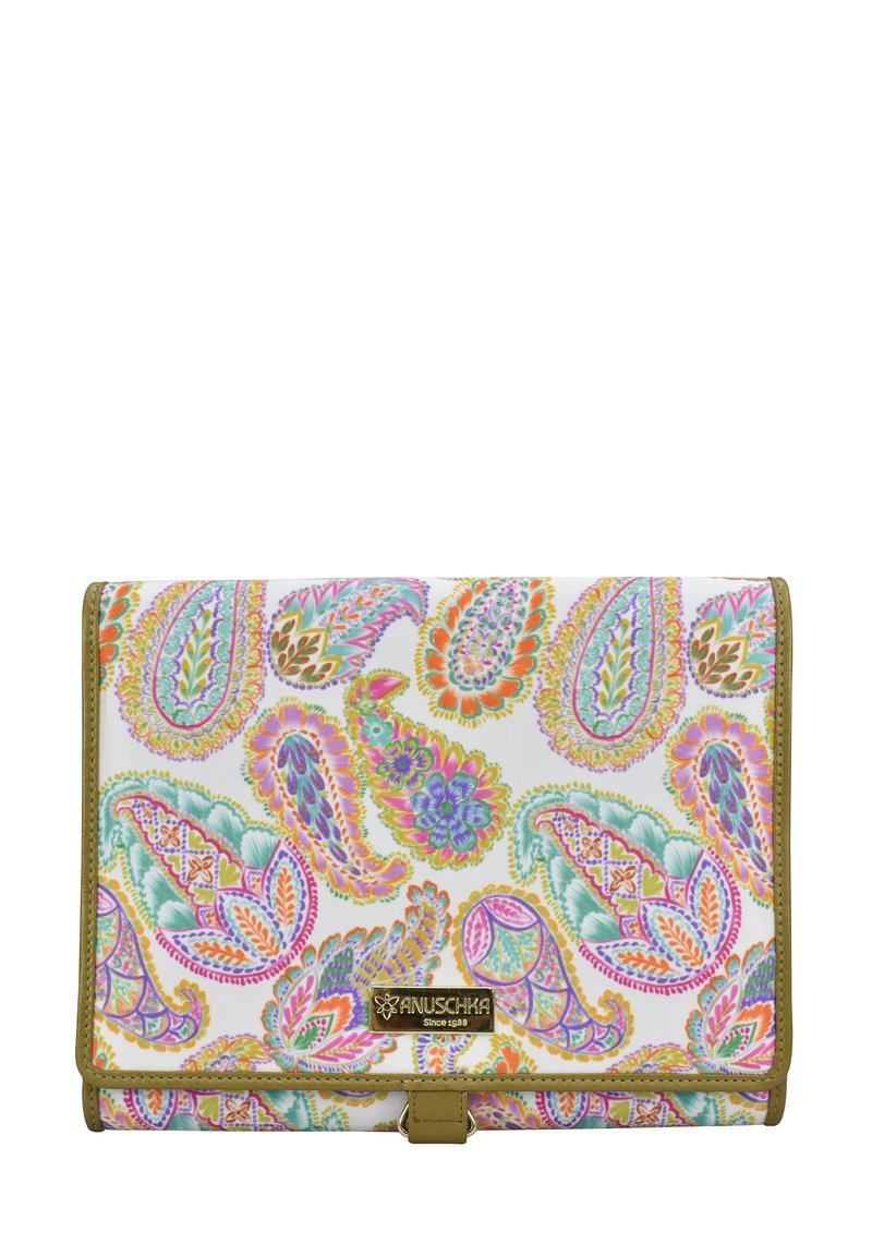 Multicolored paisley-patterned wallet with white background, gold-tone hardware, and a magnetic snap closure. Smooth synthetic texture.