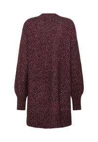 Burgundy knitted cardigan with a loose fit, long sleeves, and ribbed texture. Simple design with a rounded neckline and no fastenings.